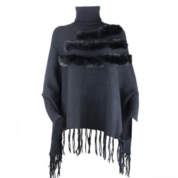 Skea Fringe Shawl with Rabbit fur trim One size fits All Poncho Relaxed fit - Picture 2 of 11